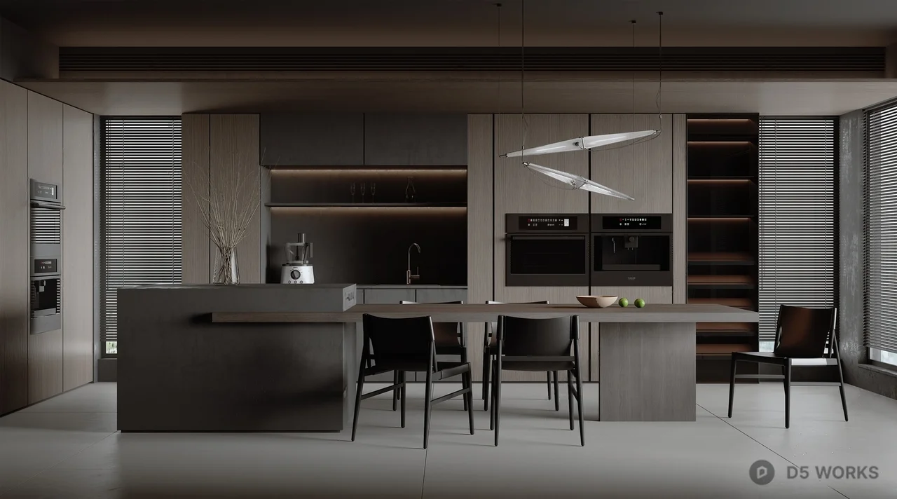 Modern Minimalist Open Plan Dining Kitchen 3d model - Image 1