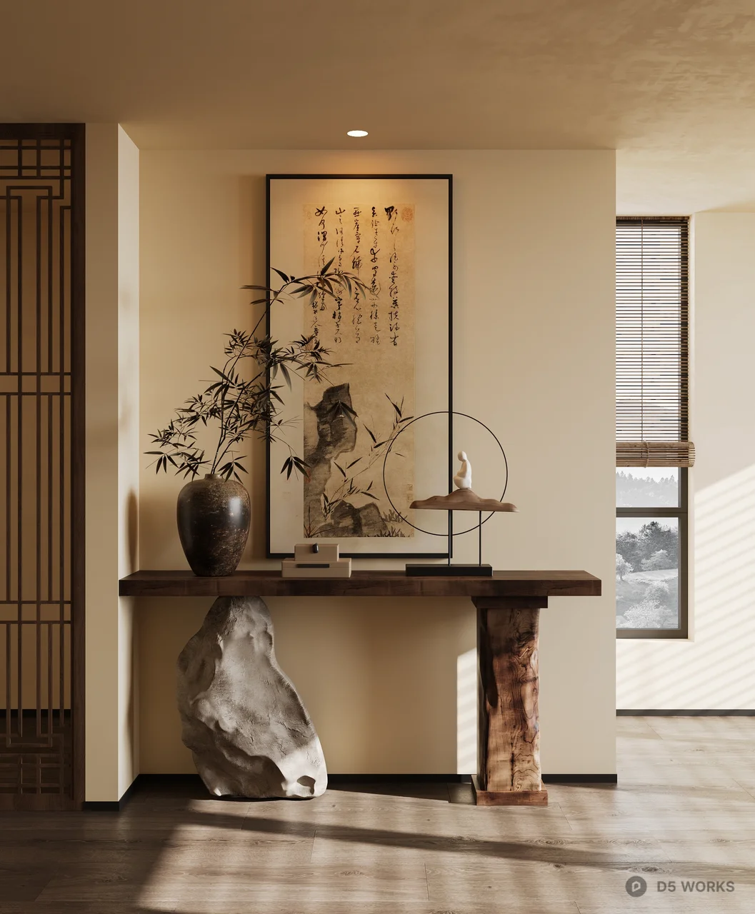 Minimalist Entryway With Stone Base Console And Ink Painting 3d model - Image 1