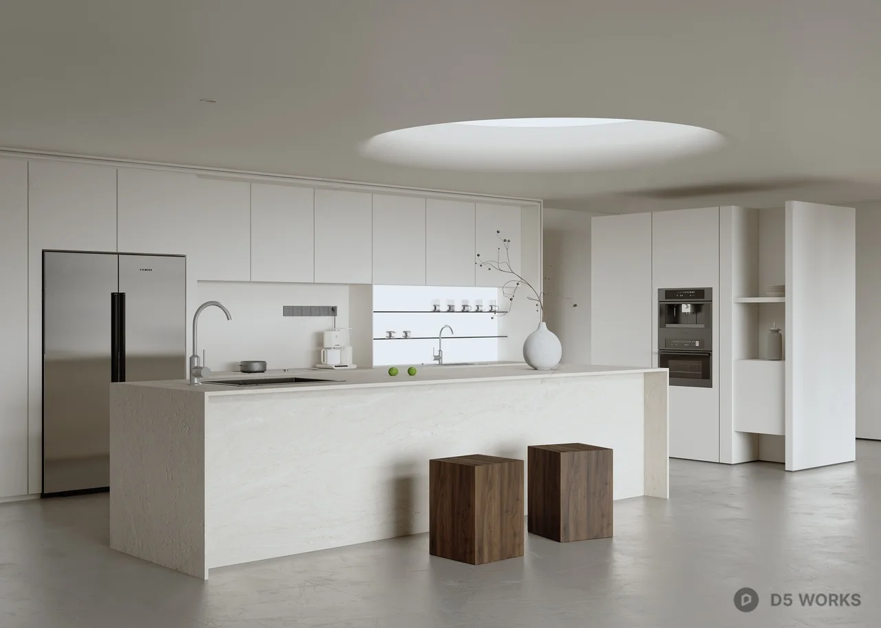 Minimalist Open Kitchen With Island And Wooden Stools 3d model - Image 1