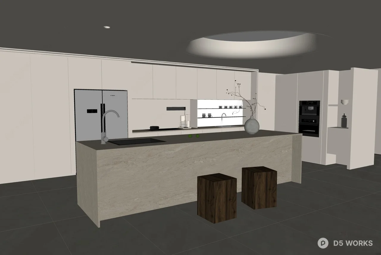 Minimalist Open Kitchen With Island And Wooden Stools 3d model thumbnail 2