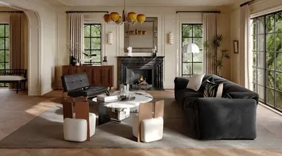 Mid Century Modern Living Room with Fireplace and Large Windows 3d model