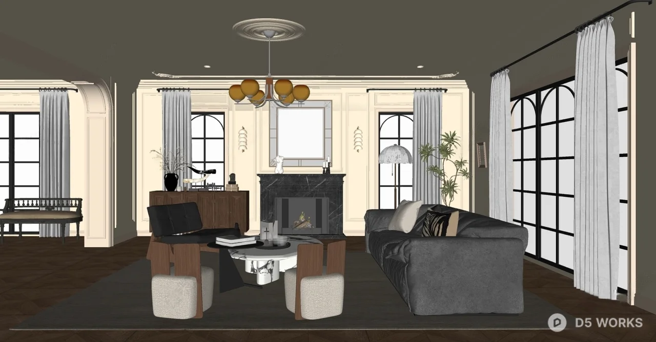 Mid Century Modern Living Room with Fireplace and Large Windows 3d model thumbnail 2