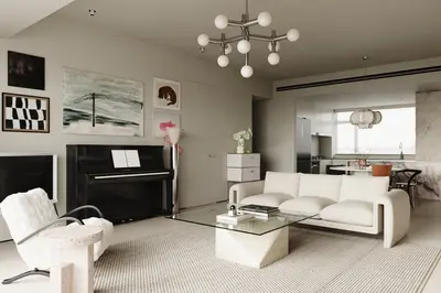 Minimalist Living Dining Space With Piano And Glass Coffee Table 3d model