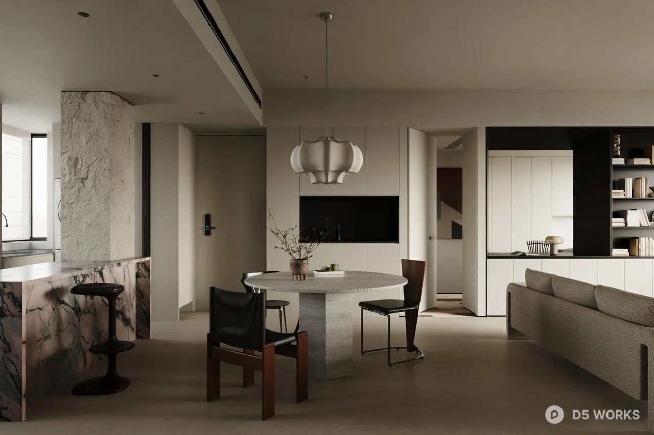 Minimalist Living Dining Space With Piano And Glass Coffee Table 3d model thumbnail 3
