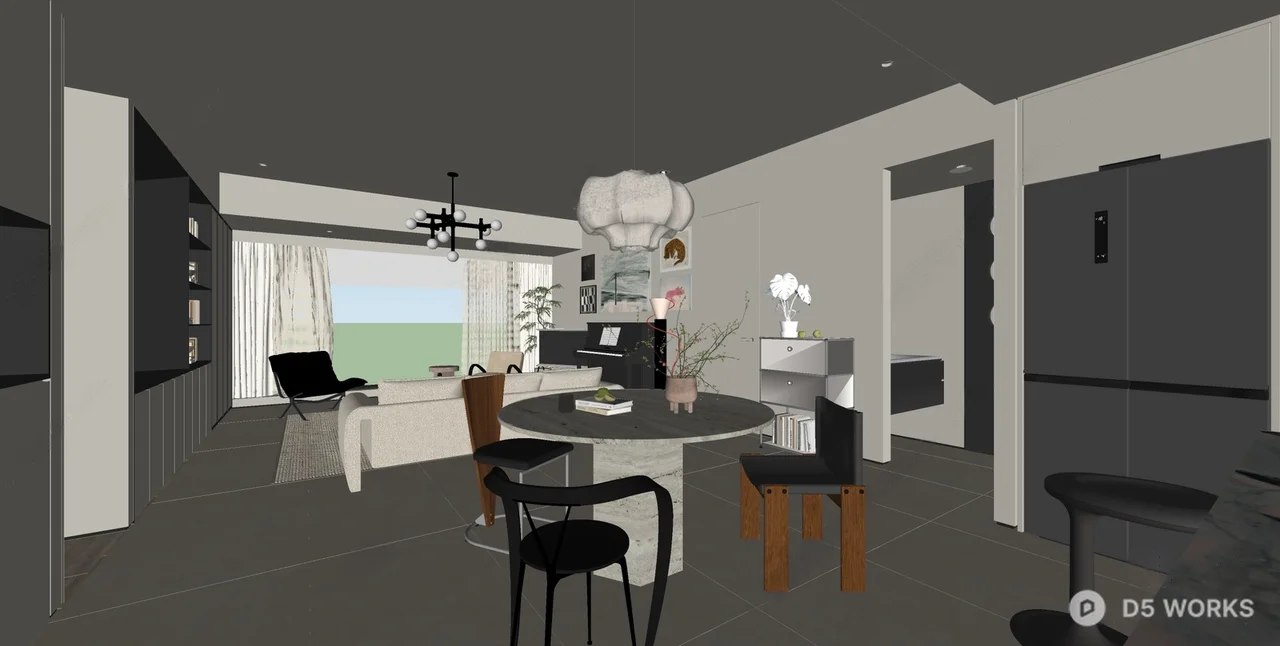Minimalist Living Dining Space With Piano And Glass Coffee Table 3d model thumbnail 2