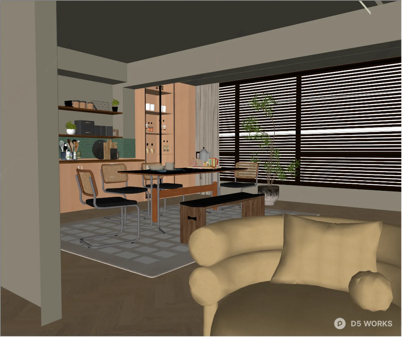 Mid Century Modern Dining Living Space 3d model thumbnail 2