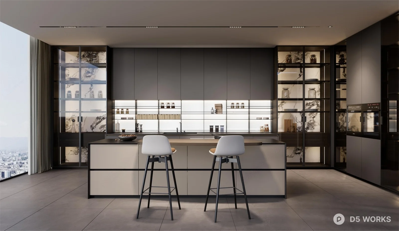 Modern Open Kitchen With Island And Bar Stools 3D Model .skp
