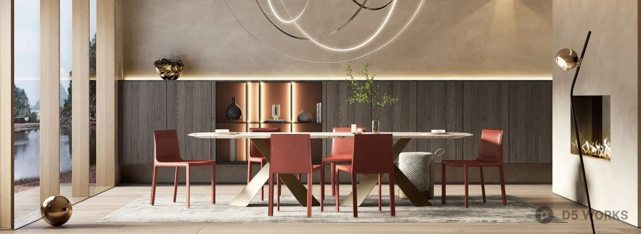Modern Villa Dining Room with Minimalist Chandelier 3d model thumbnail 2
