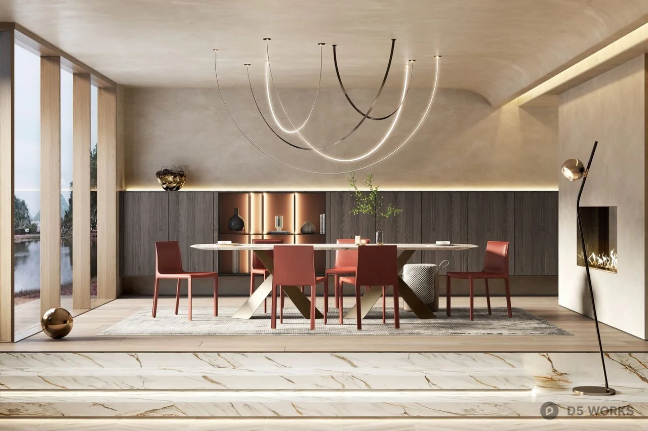 Modern Villa Dining Room with Minimalist Chandelier 3d model - Image 1