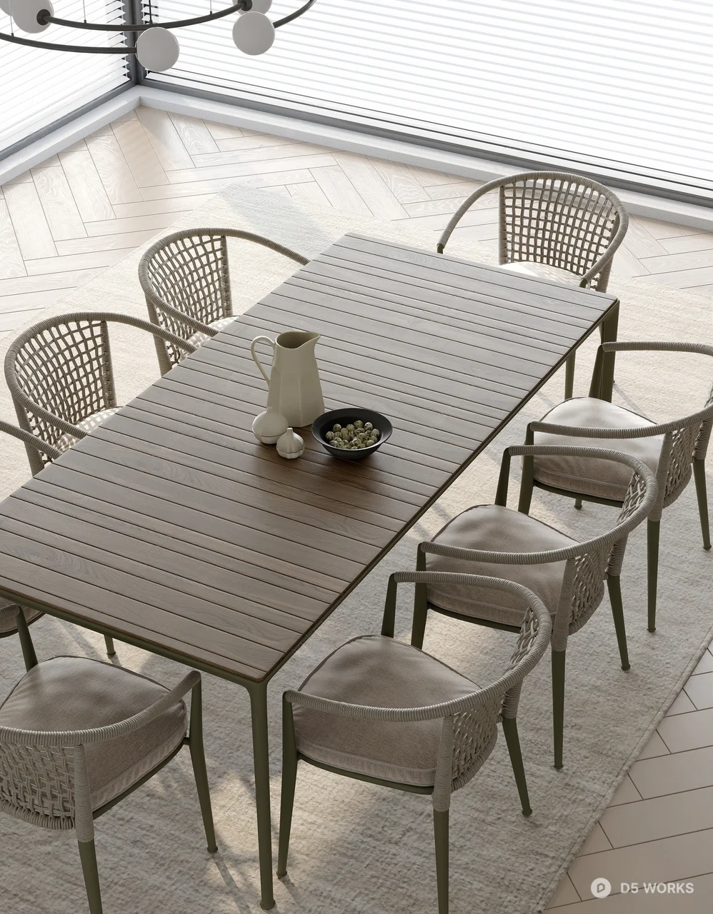 Minimalist Dining Room with Woven Chairs 3d model - Image 1