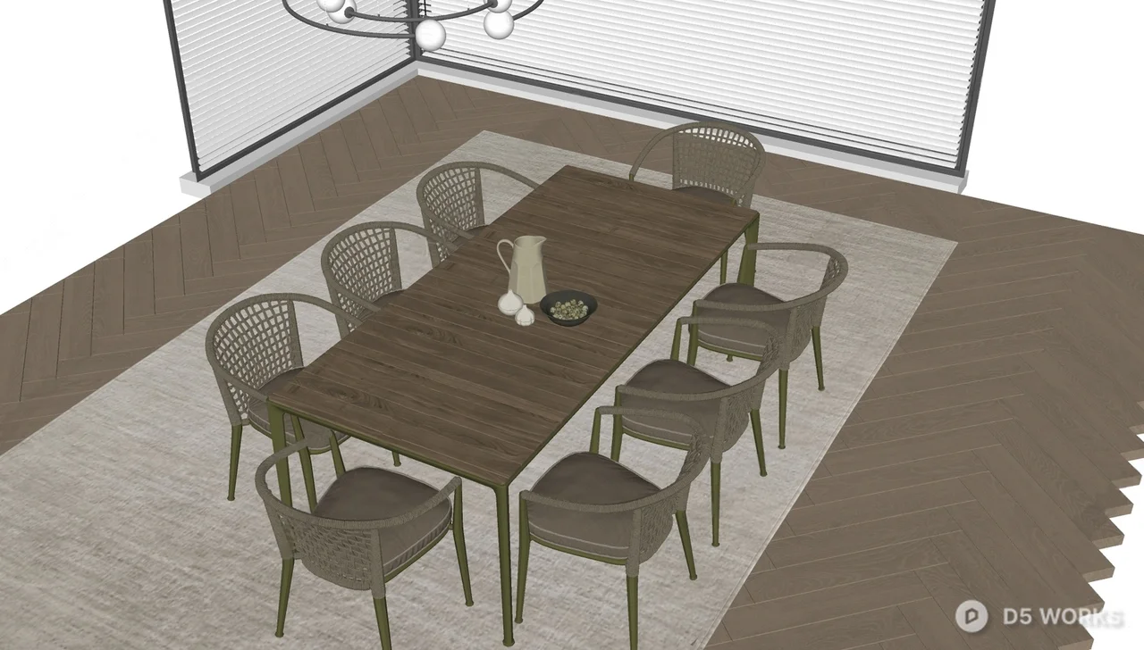 Minimalist Dining Room with Woven Chairs 3d model thumbnail 2