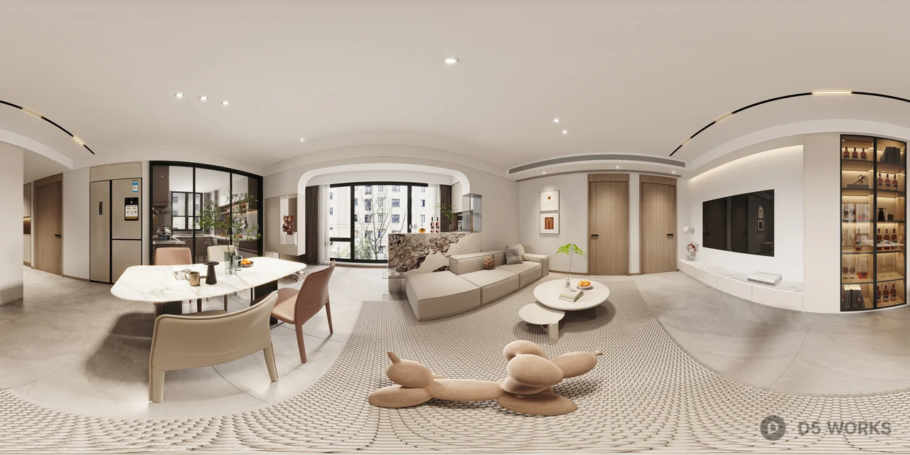 Modern Minimalist Living Dining Space With Large Window View 3d model thumbnail 3