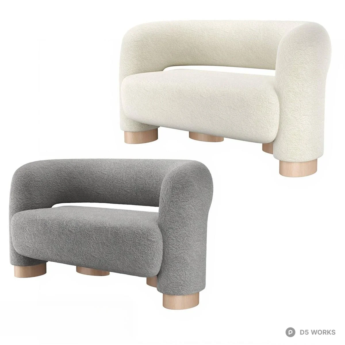 Bouclé Fabric Three-Seater Sofa With Wooden Legs 3d model thumbnail 3