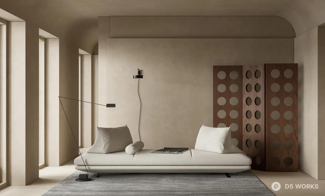 Minimalist Living Room with Daybed and Geometric Panels 3d model - Image 1