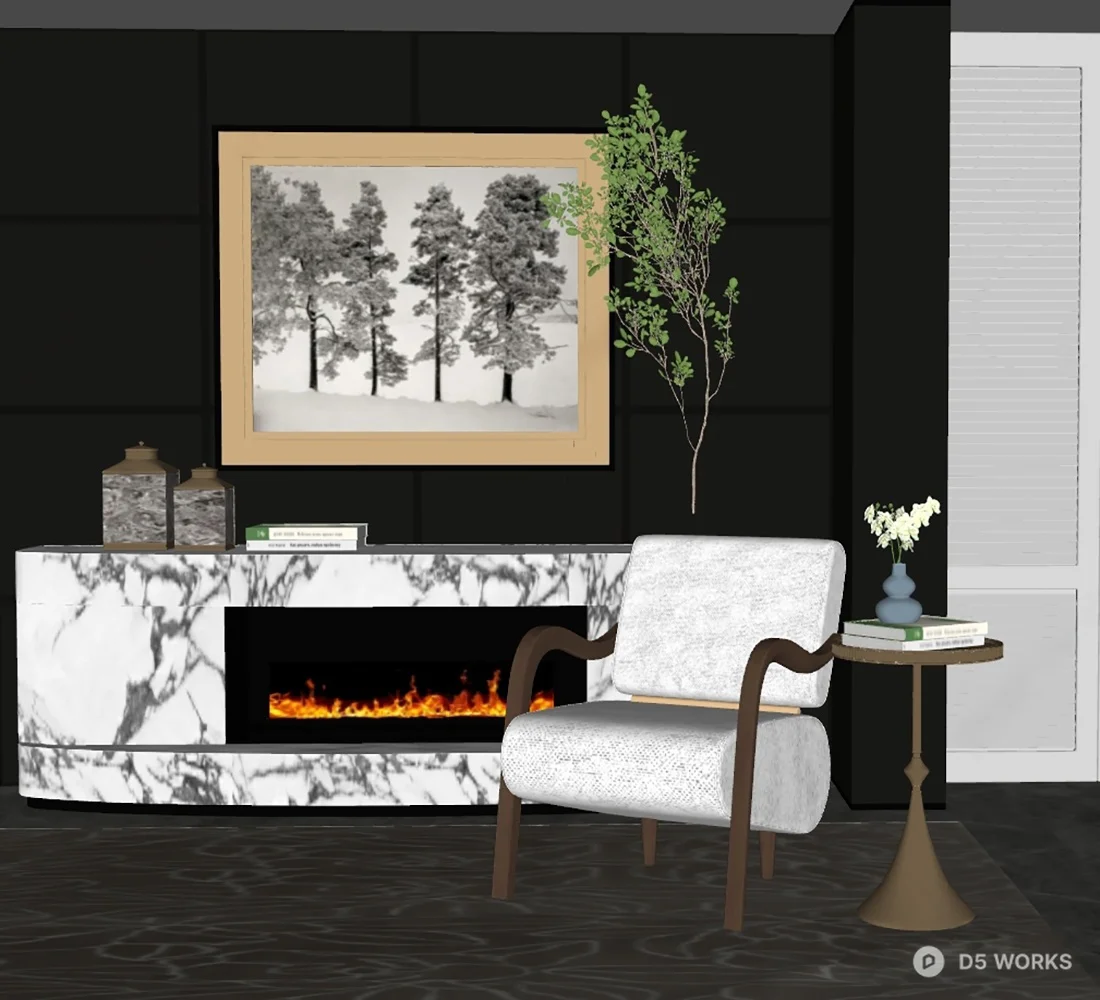 Modern Living Room with Marble Fireplace 3d model thumbnail 2