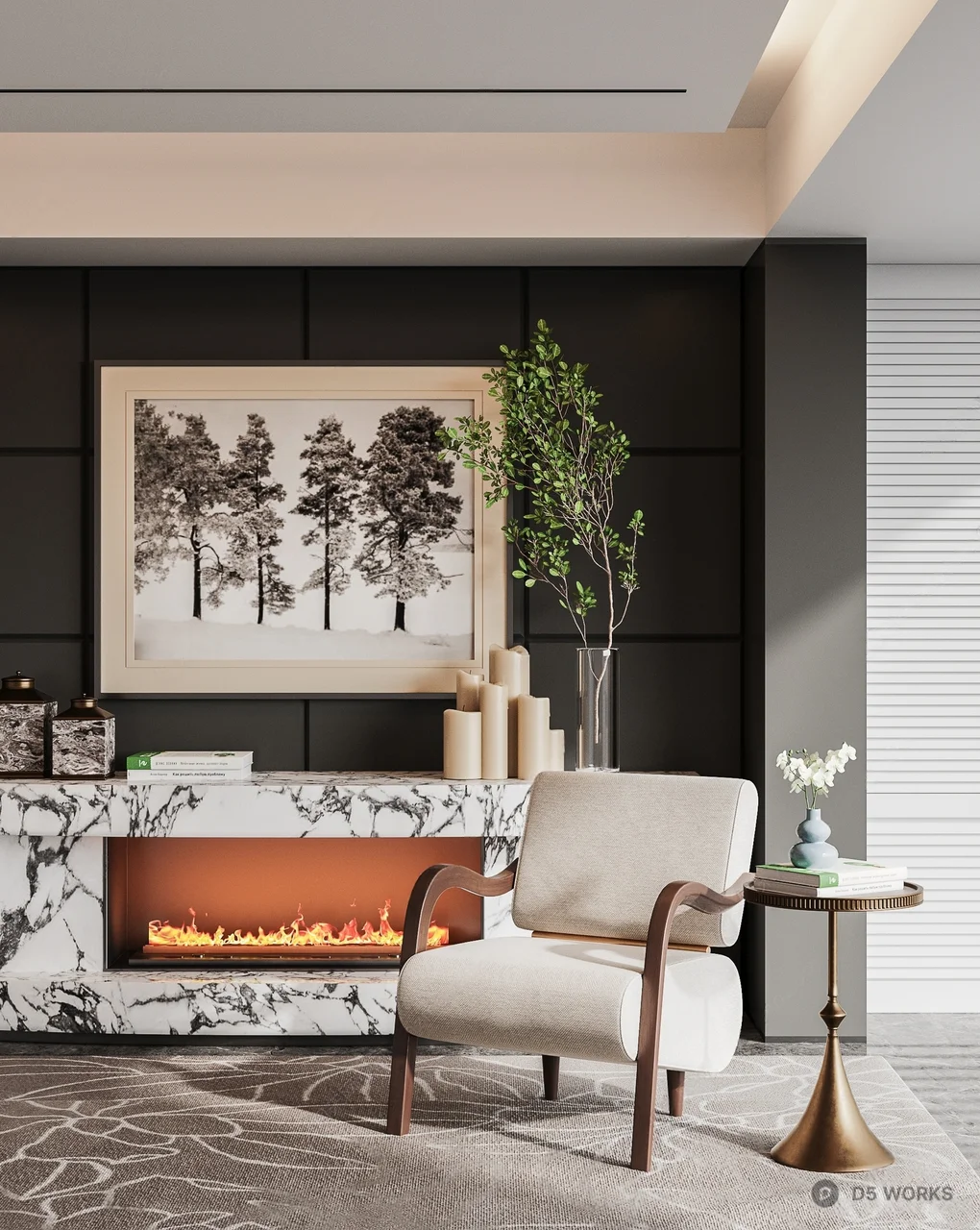 Modern Living Room with Marble Fireplace 3d model - Image 1