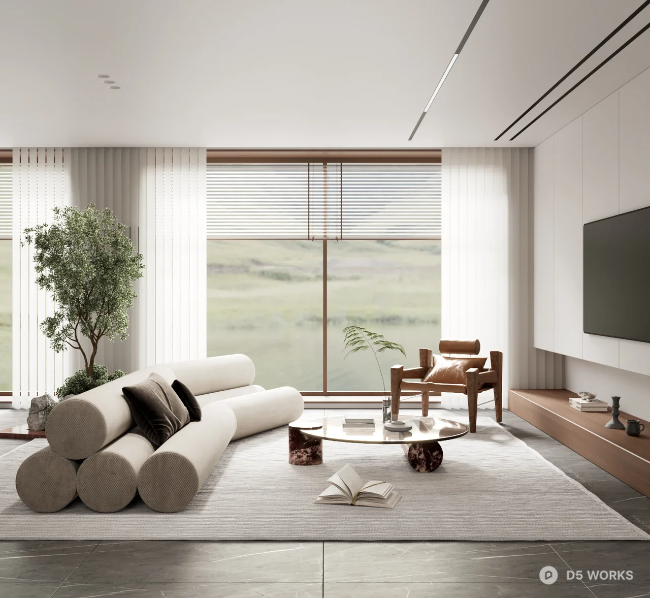 Minimalist Living Room with Modular Sofa and Large Window 3d model - Image 1