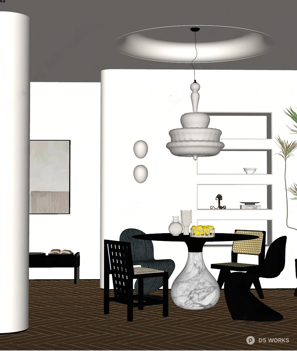 Organic Modern Dining Room with Sculptural Pendant 3d model thumbnail 2