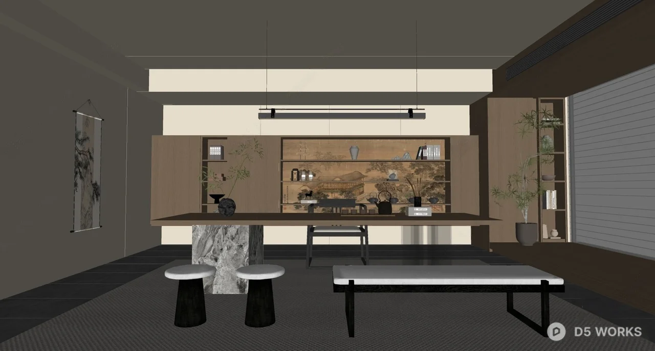 Modern Tea Room with Wooden Shelving and Minimalist Seating 3d model thumbnail 2
