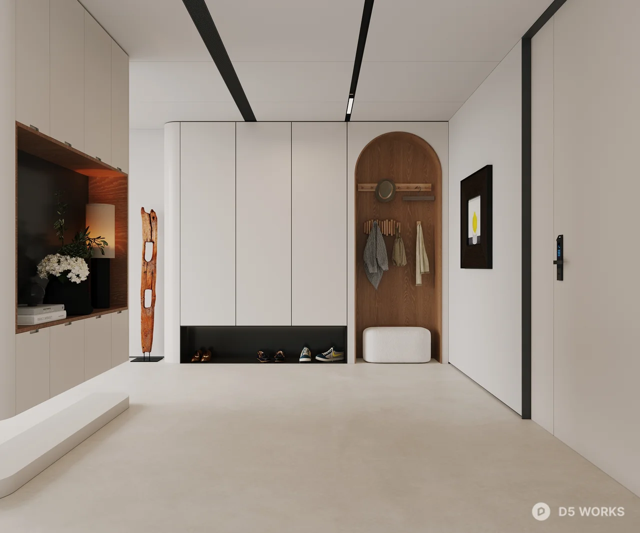 Minimalist Modern Entryway With Integrated Storage And Arch Niche 3d model - Image 1