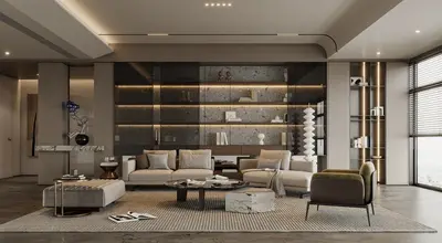 Modern Minimalist Living Room With Integrated Shelving And Ambient Lighting 3d model