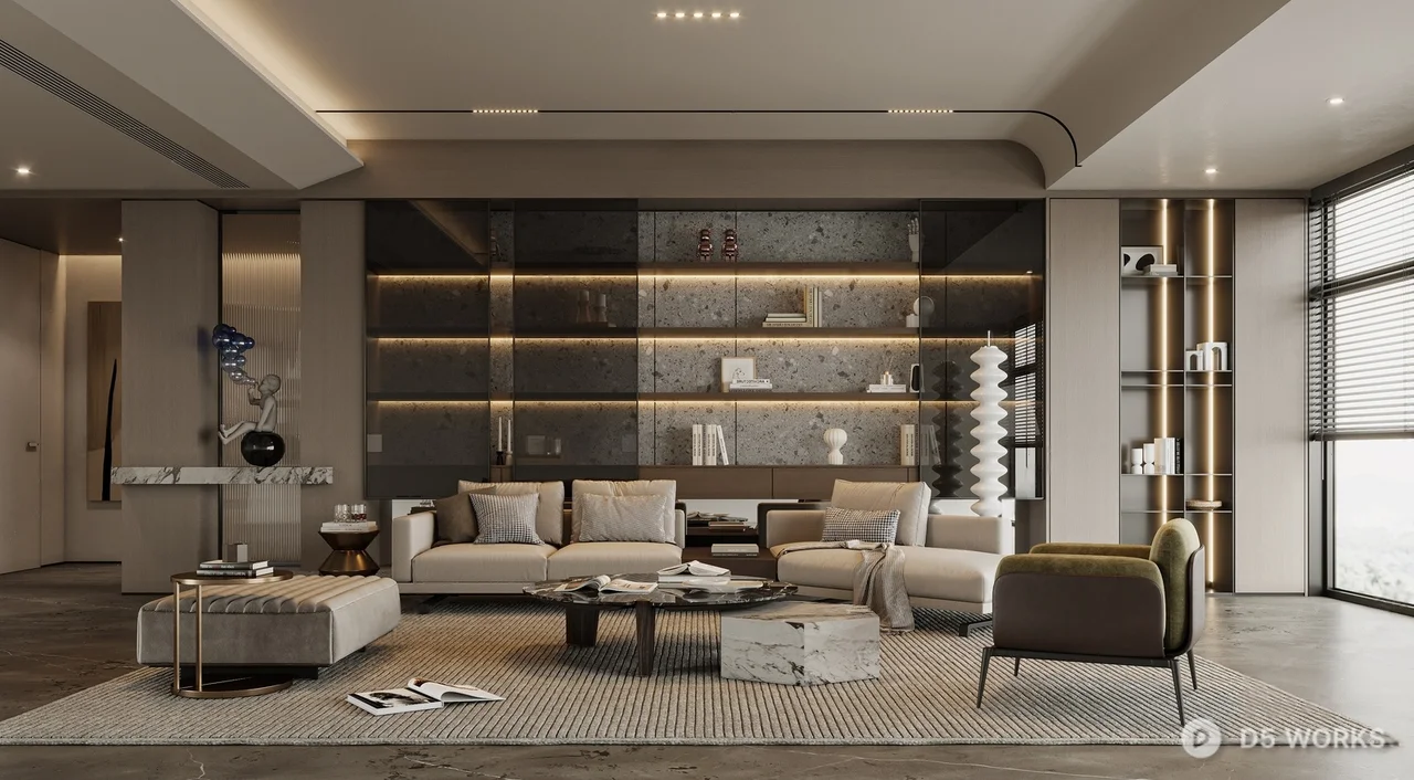 Modern Minimalist Living Room With Integrated Shelving And Ambient Lighting 3d model - Image 1