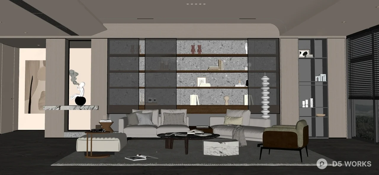 Modern Minimalist Living Room With Integrated Shelving And Ambient Lighting 3d model thumbnail 2
