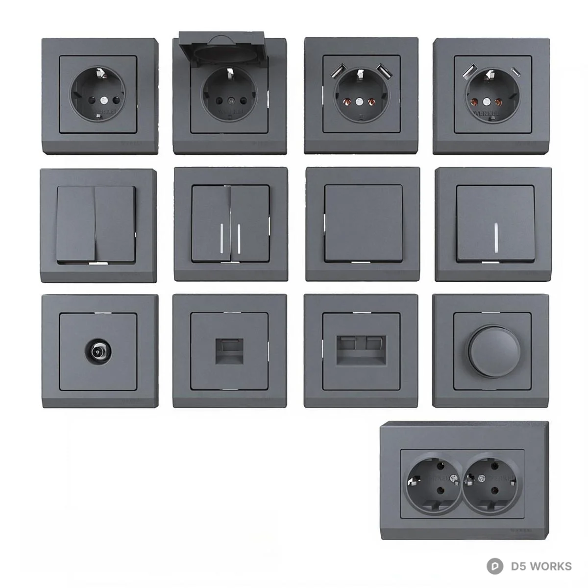 Modern Gray Electrical Switches And Sockets Set 3d model - Image 1