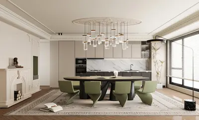 Modern Dining Room with Chandelier and Green Chairs 3d model