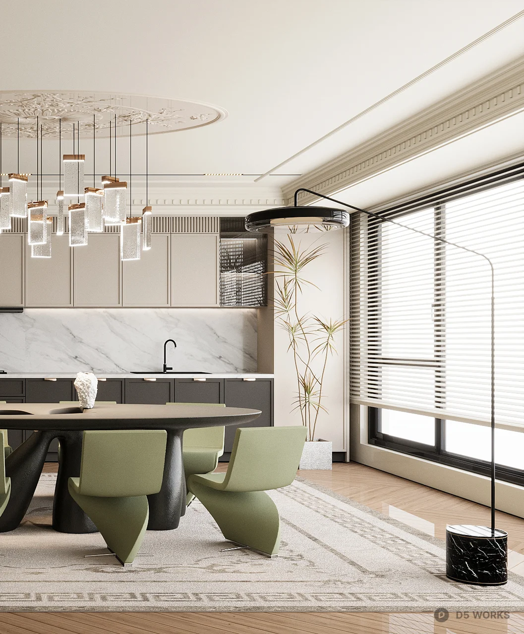 Modern Dining Room with Chandelier and Green Chairs 3d model thumbnail 3