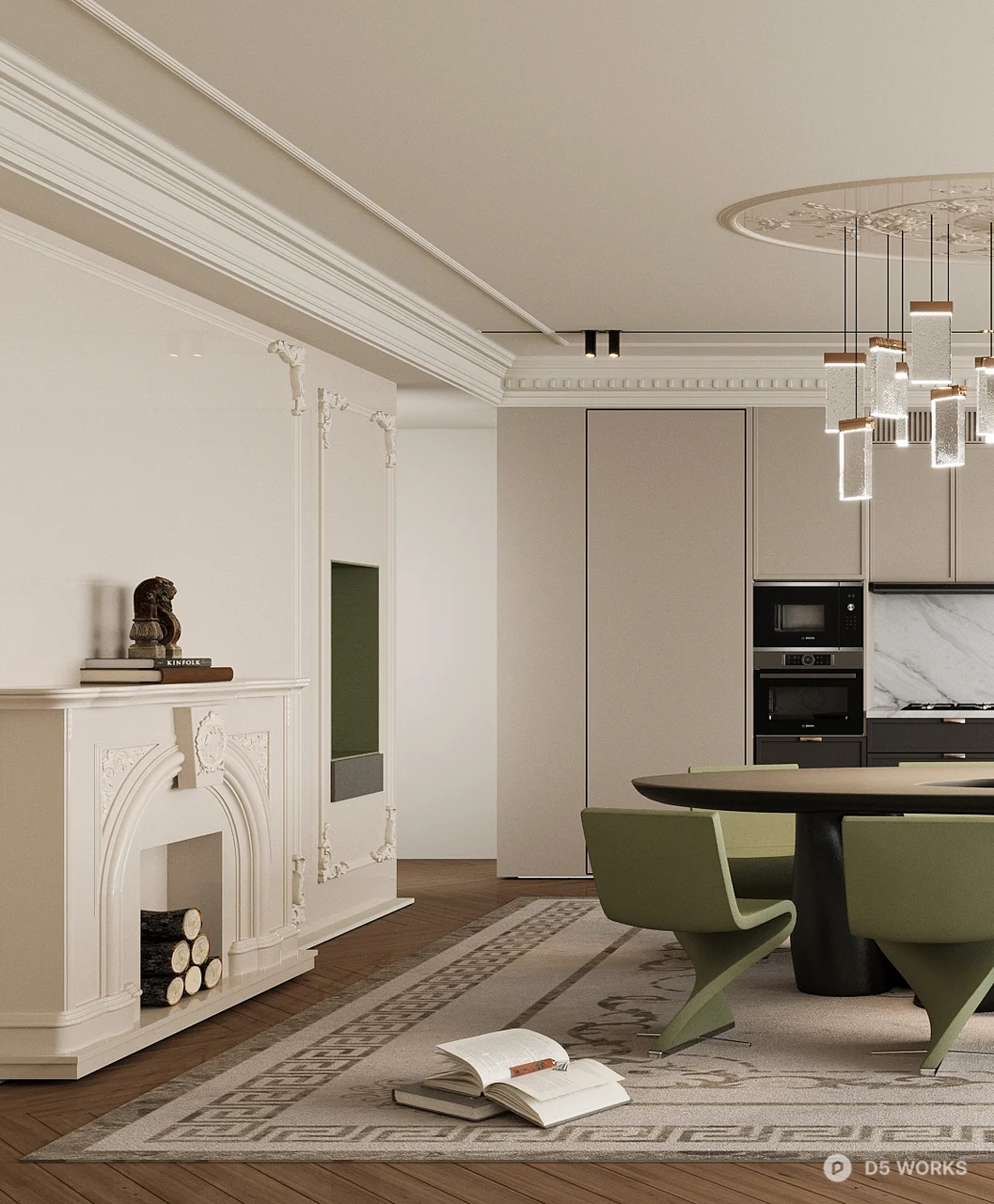 Modern Dining Room with Chandelier and Green Chairs 3d model thumbnail 2