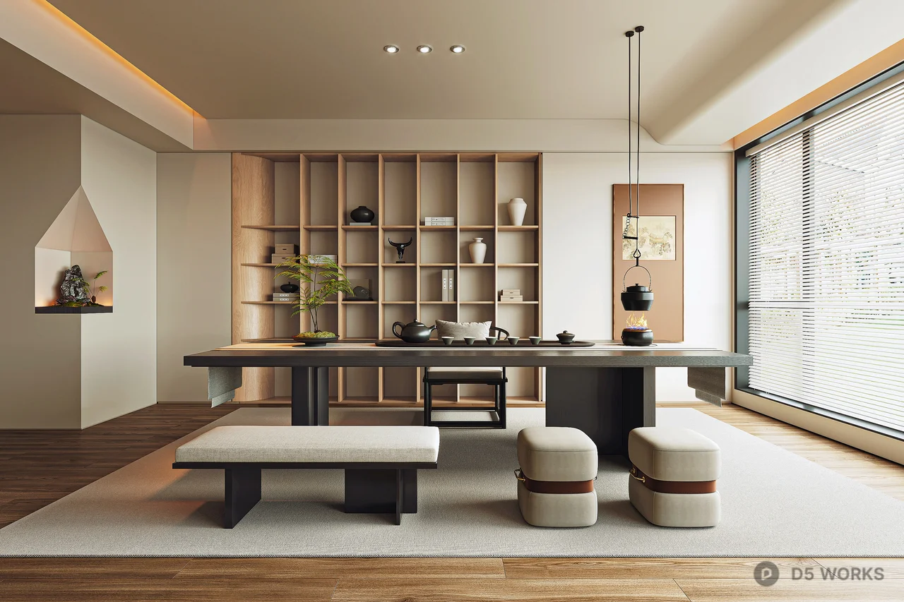Minimalist Tea Room with Wooden Shelving and Low Table 3d model - Image 1