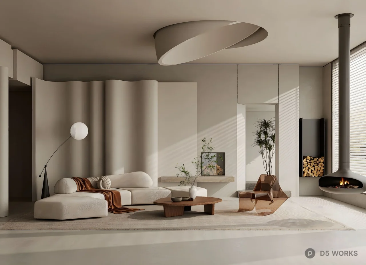 Minimalist Living Room with Curved Ceiling Feature 3d model - Image 1