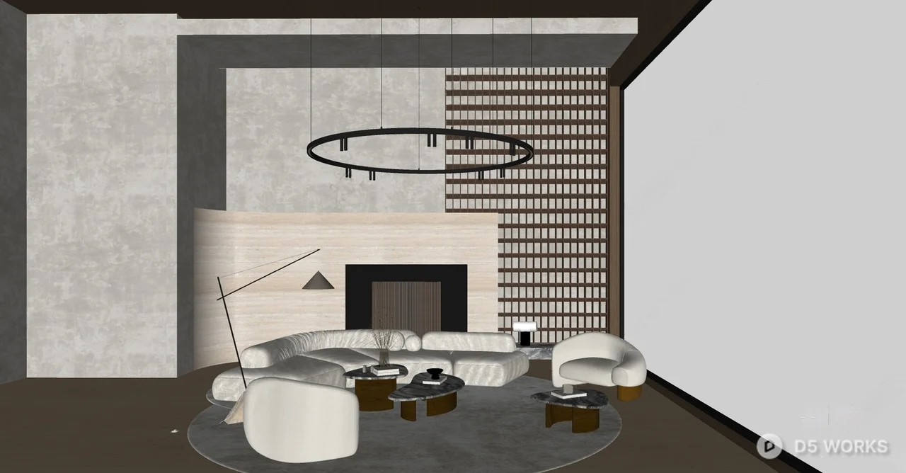 Minimalist Villa Living Room with Curved Sofa and Circular Chandelier 3d model thumbnail 2