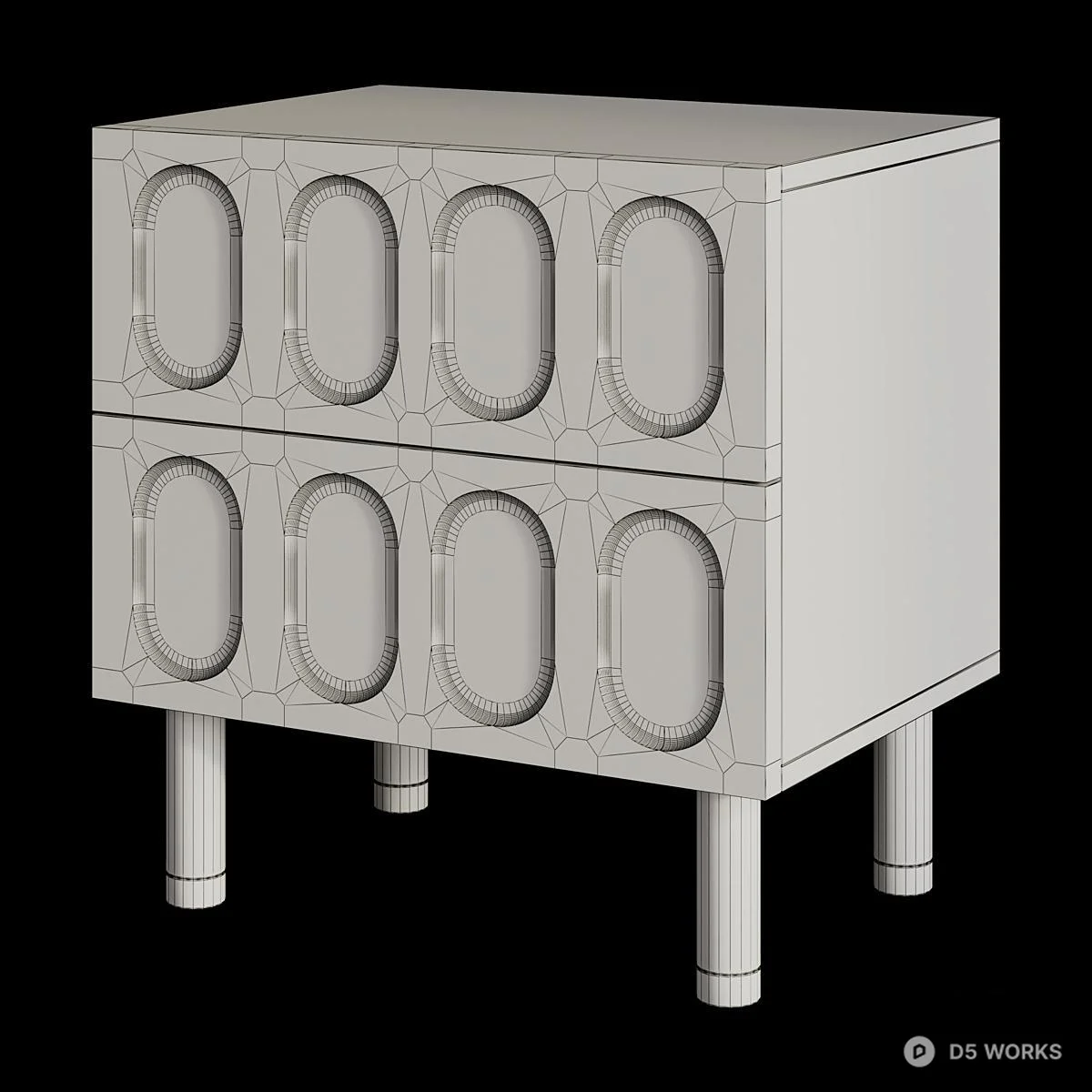Minimalist White Bedside Cabinet With Oval Relief And Brass Feet 3d model thumbnail 2