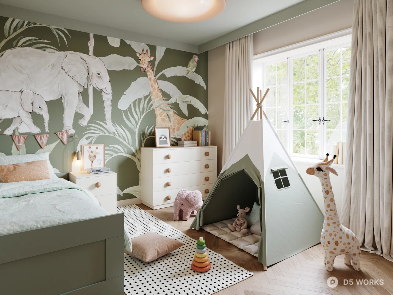 Scandinavian-Style Children's Room With Animal Motif Wall And Teepee 3d model - Image 1