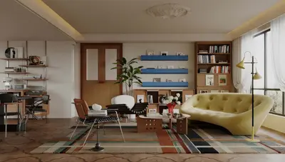 Modern Living Dining Space with Tufted Sofa 3d model