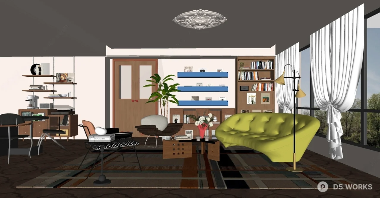 Modern Living Dining Space with Tufted Sofa 3d model thumbnail 2