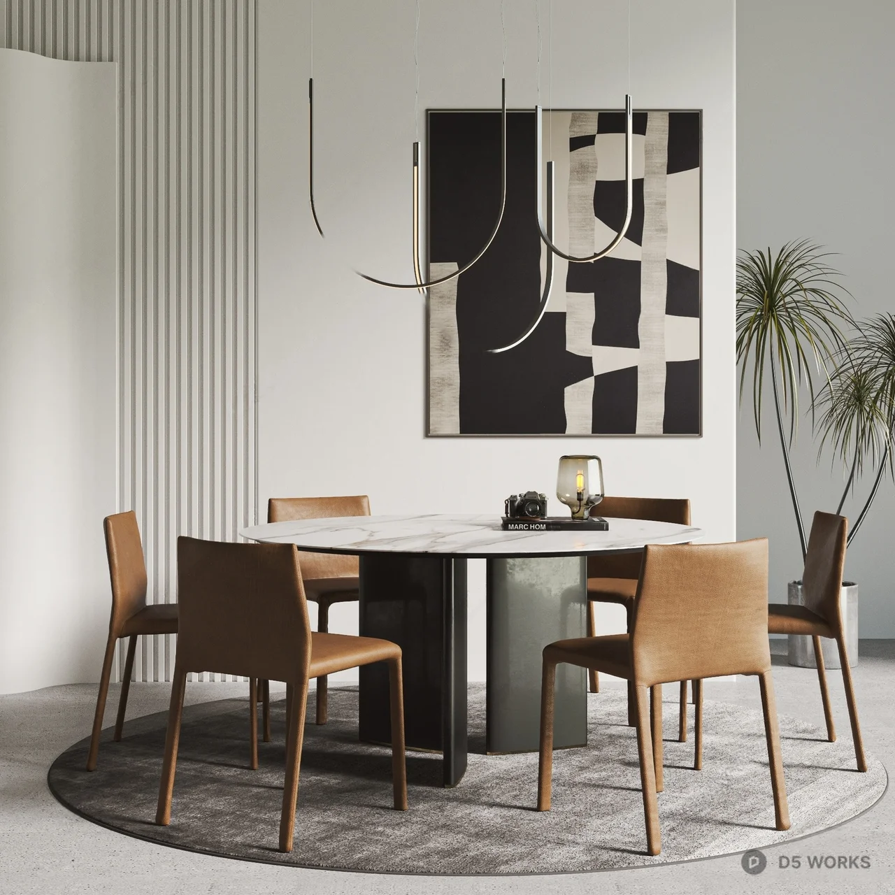 Minimalist Dining Room with Marble Table and Leather Chairs 3d model - Image 1