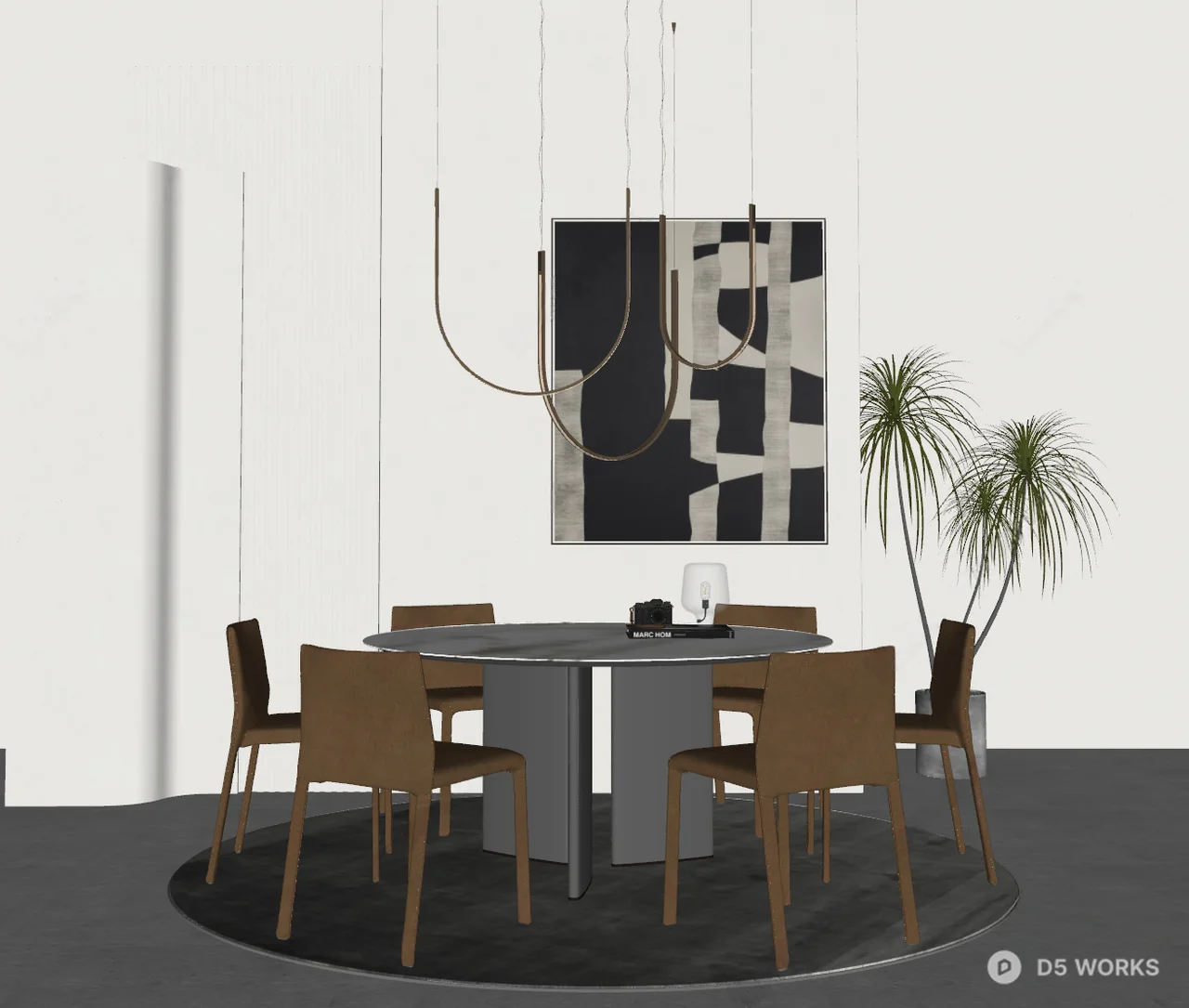 Minimalist Dining Room with Marble Table and Leather Chairs 3d model thumbnail 2