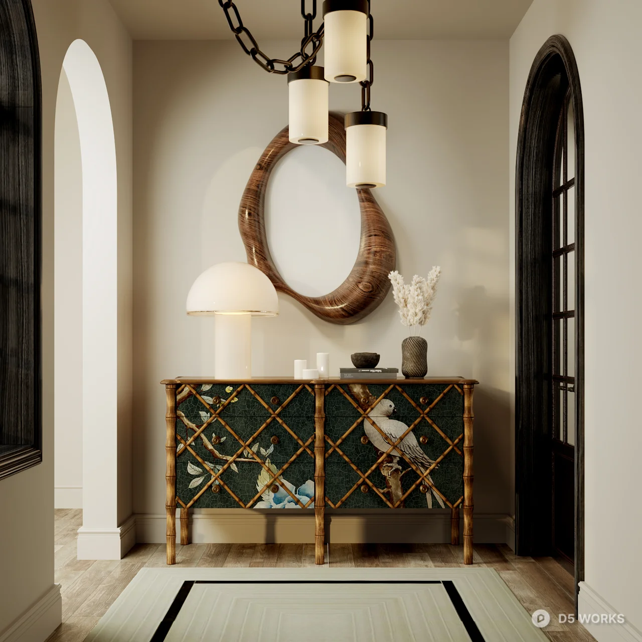Minimalist Entryway With Decorative Cabinet And Oval Mirror 3d model - Image 1